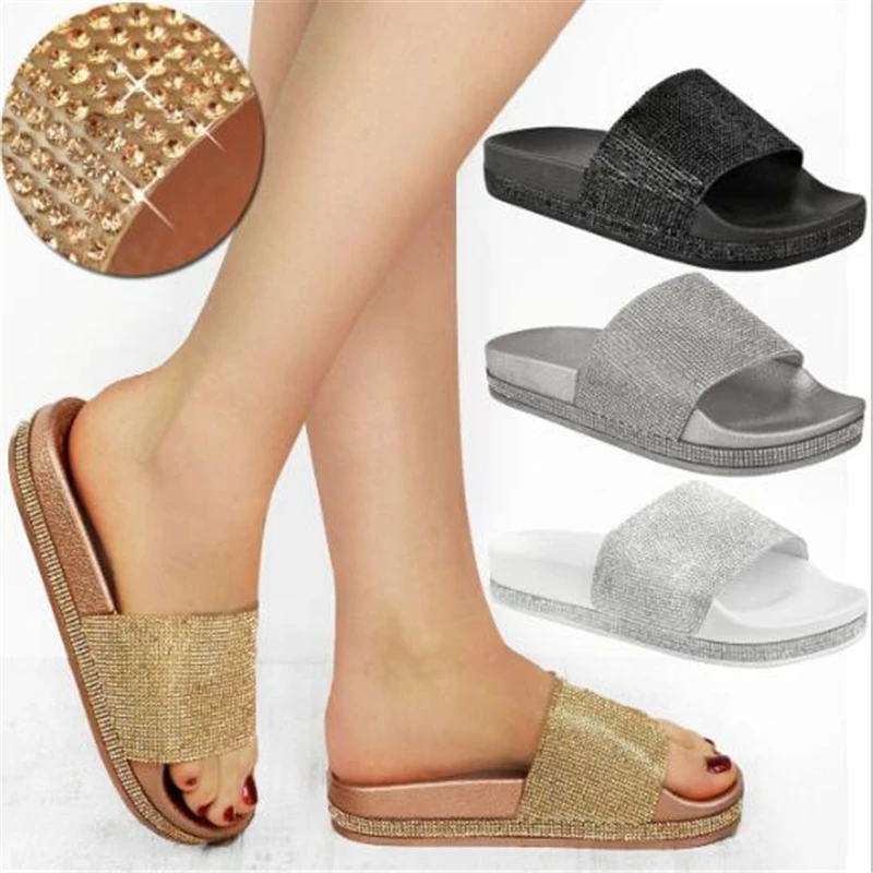 

Women Flip Flops Fashion Women Slipper Female Crystal Flat Summer Shoes Rhinestone Thick Bottom Bling Beach Slides