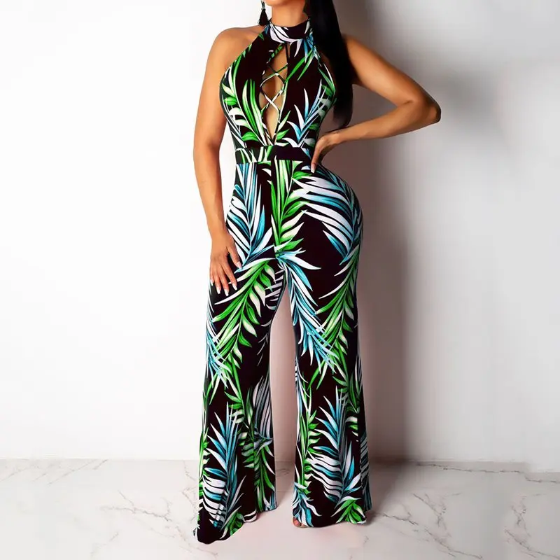 

Halter Sexy Women Jumpsuit Backless Rompers African Fashion Plant Print Casual Wide Leg Pants Holiday Sleeveless Boho Jumpsuits