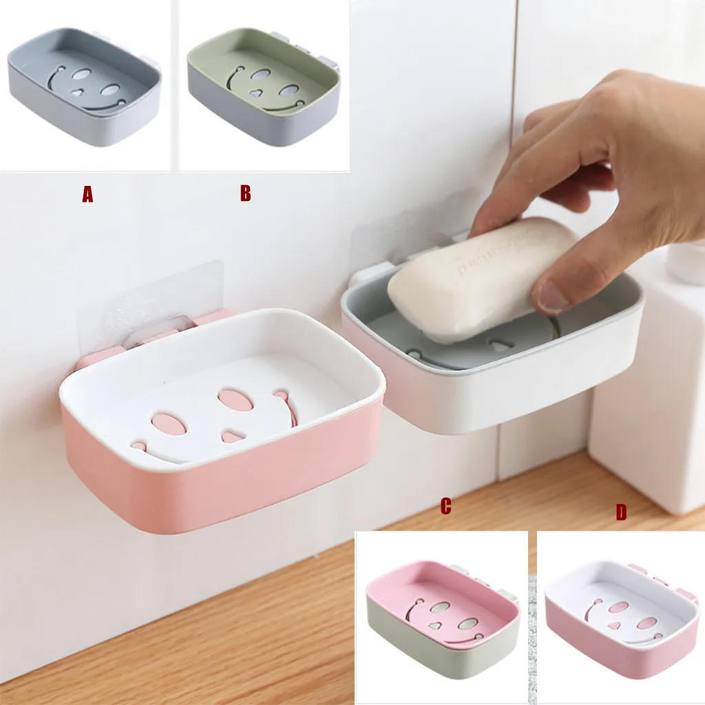 

Smile Face Wall-Mounted Soap shelf Holder Bathroom Storage Box Drain Soap Dish Sucker cute keuken organizer#A