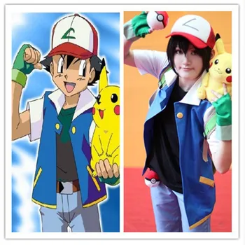 

High Quality Pokemon Ash Ketchum Cosplay Costume Trainer Costume Blue Jacket+Gloves+Hat Ash Ketchum Costumes For Men And Women