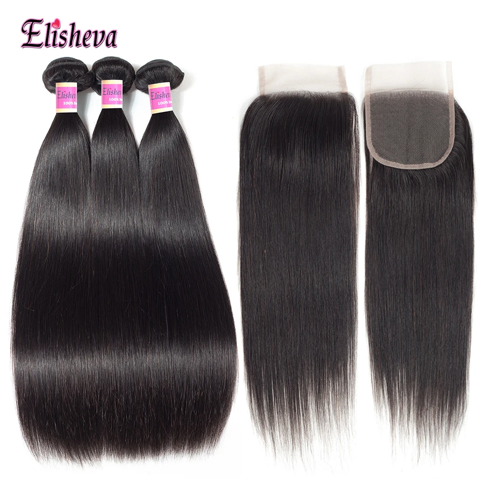 Elisheva Peruvian Straight Hair Bundles With Closure NonRemy 100% Human weaves with 3 1b | Шиньоны и парики