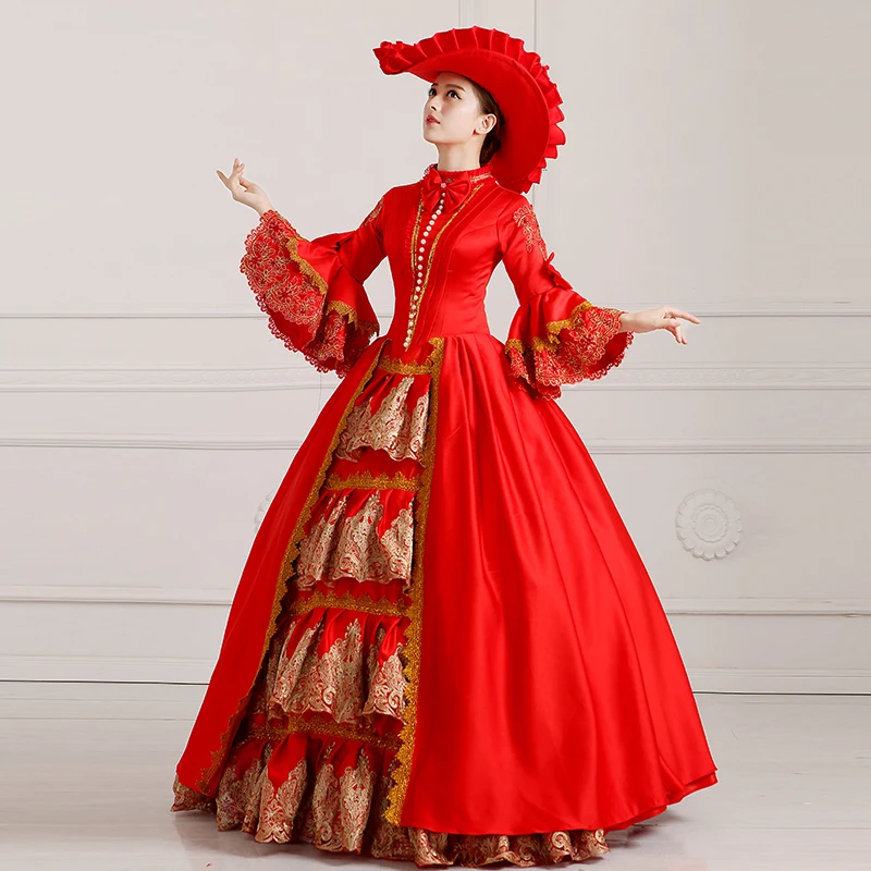 

2019 Queen Costume Women Red Floral Printed Lace Pattern Turtleneck Ruffles 18thstage Performance European Court Long Dresses