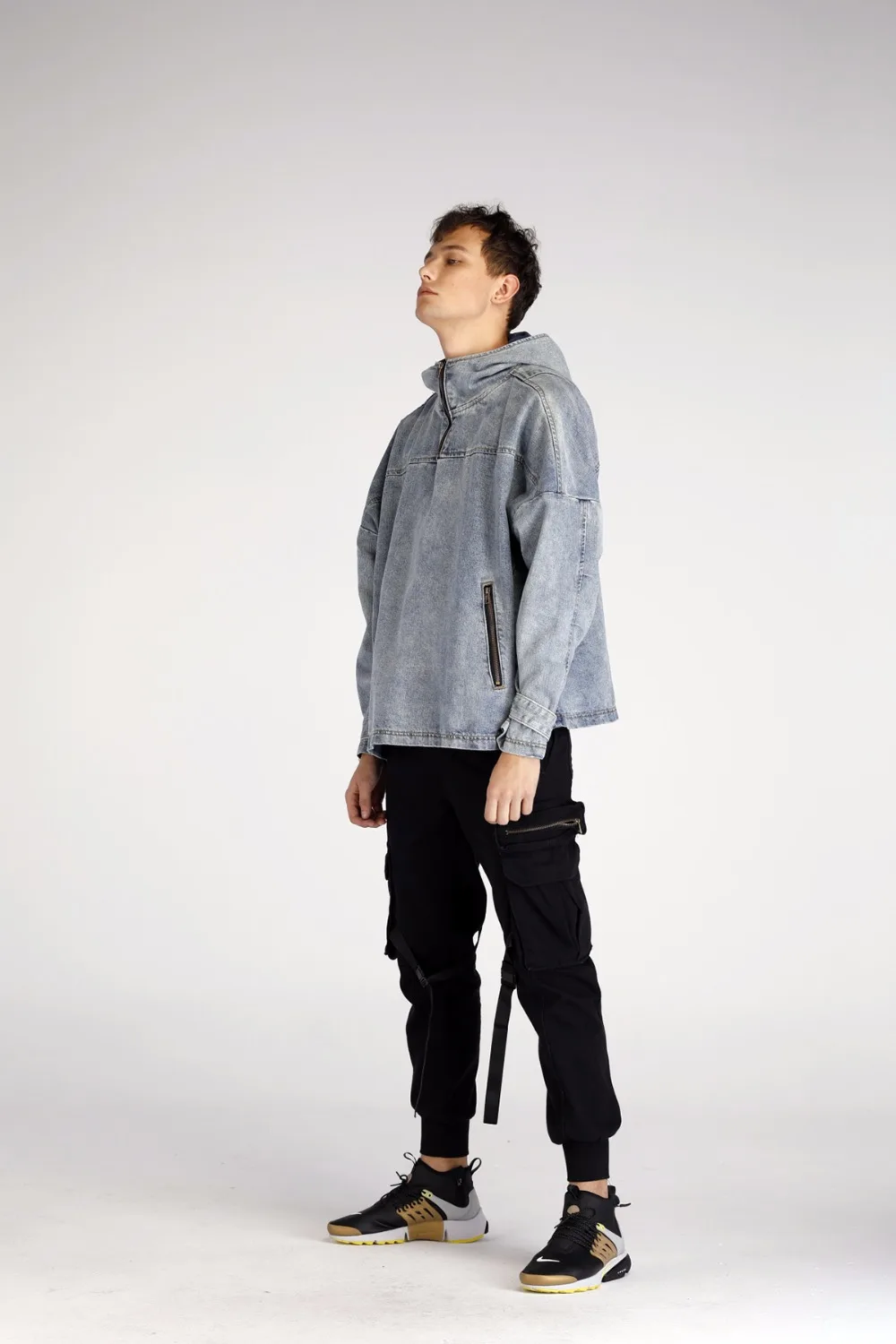 Новое поступление, джинсовая свободная синяя джинсовая куртка больших размеров в стиле хип-хоп, винтажная Мужская Повседневная джинсовая куртка с высоким воротником и капюшоном