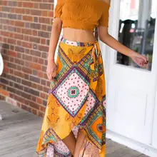 Сексуальные Модные Винтажные Цветочные Длинные юбки с принтом женские летние элегантные пляжные макси юбки Бохо с высокой талией асимметричные юбки