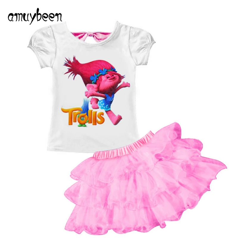 

New Girls Dress Summer Short Sleeve Princess Baby Girl T-shirt+dress Cartoon Trolls Party Costume 4 5 6 Y Toddler Kids Clothes
