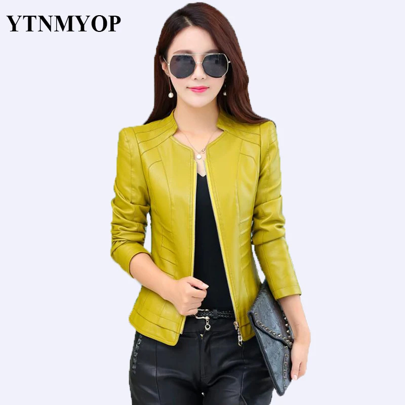 2020 Women Spring Leather Jacket Black Plus Size S-4XL Female Clothing Outerwear Mandarin Collar Long Sleeve Short Coat | Женская одежда