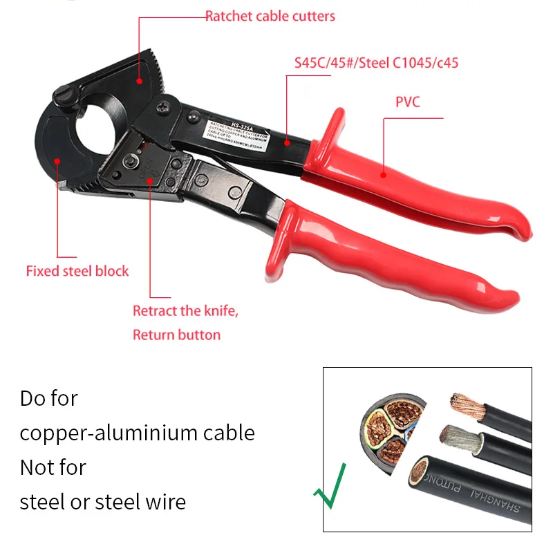 cortador de trinquete y cortador de cable de alambre de hasta 240 mm2 HS325A resistente de aluminio y cobre Cortador de cables de carraca