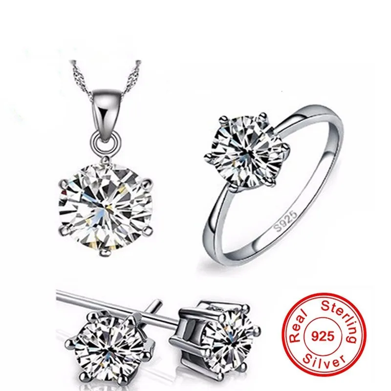 

Luxury Female 925 Sterling Silver Jewelry Sets Luxury CZ Diamant Earring Necklace Ring Wedding Engagement Bridal Sets For Women