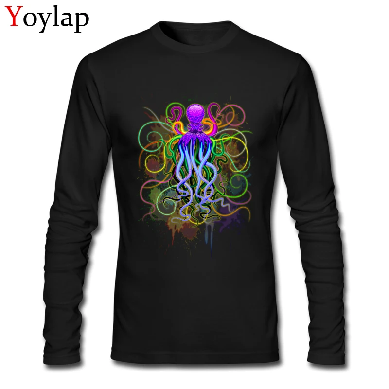 Popular Geek T Shirts Long Sleeve 100% Cotton Octopus Psychedelic Luminescence Crew Neck Boy Tops Shirts 3D Printed Summer Tee Shirts Octopus Psychedelic Luminescence black