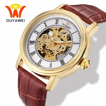 

Ouyawei Mens Fashion Skeleton Gold Mechanical Wrist Watches Clock Men Power Automatic Self Winding Genuine Leather Band Watch