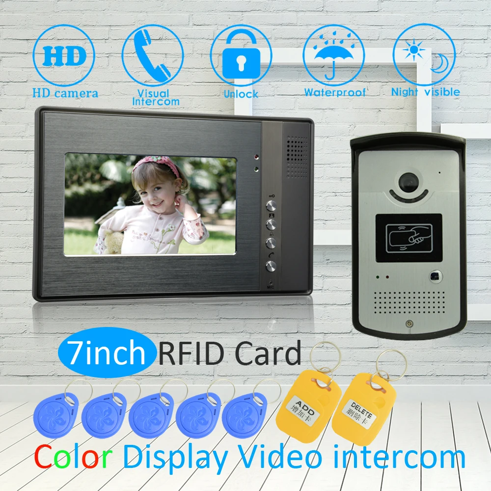 (1 SET) 7\ Monitor Video Door Phone TFT-LCD Color Screen Security System Doorbell RFID Card Door Release Unlock Audio Talkback