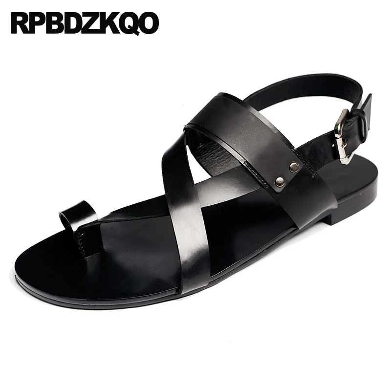 

Italian Casual Shoes 2018 Outdoor Breathable Designer Black Genuine Leather Roman Men Gladiator Sandals Summer Toe Loop Strap