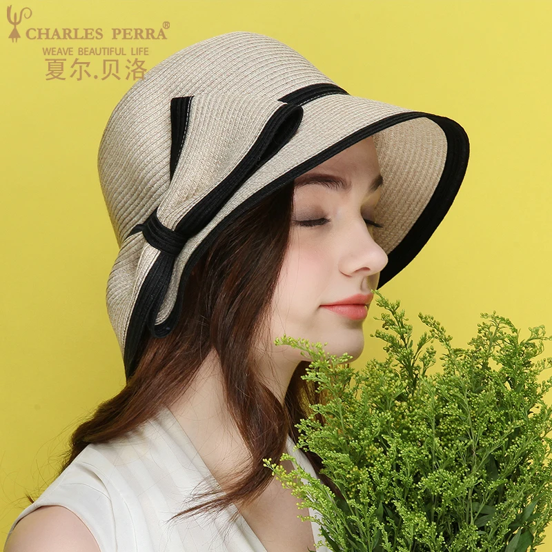 

Charles Perra Sun Hats Female Summer Foldable Women Sunscreen Straw Hat Fashion Elegant Butterfly Knot Beach Lady Caps 6536