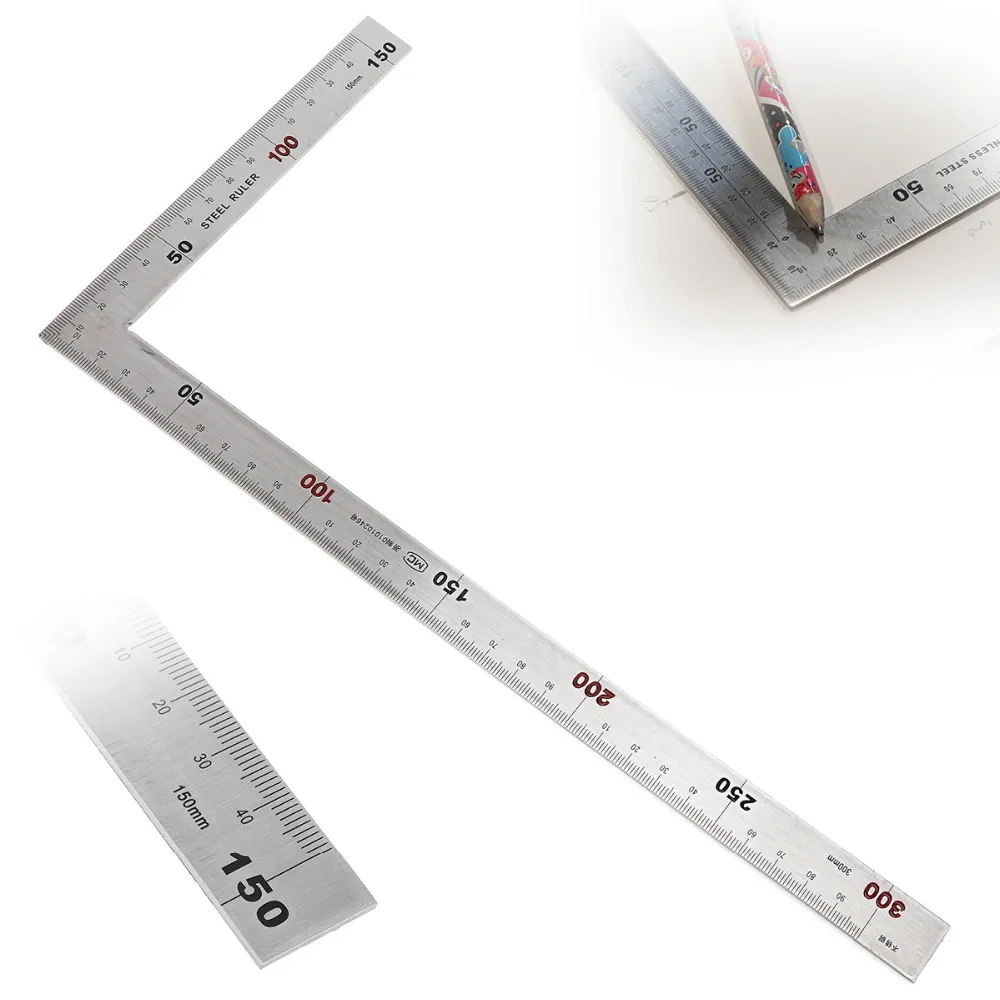 90 Degree Right Angle Finder Ruler Stainless Steel Easy to Read Measurement  Square Layout Template Tool(300mm*150mm)