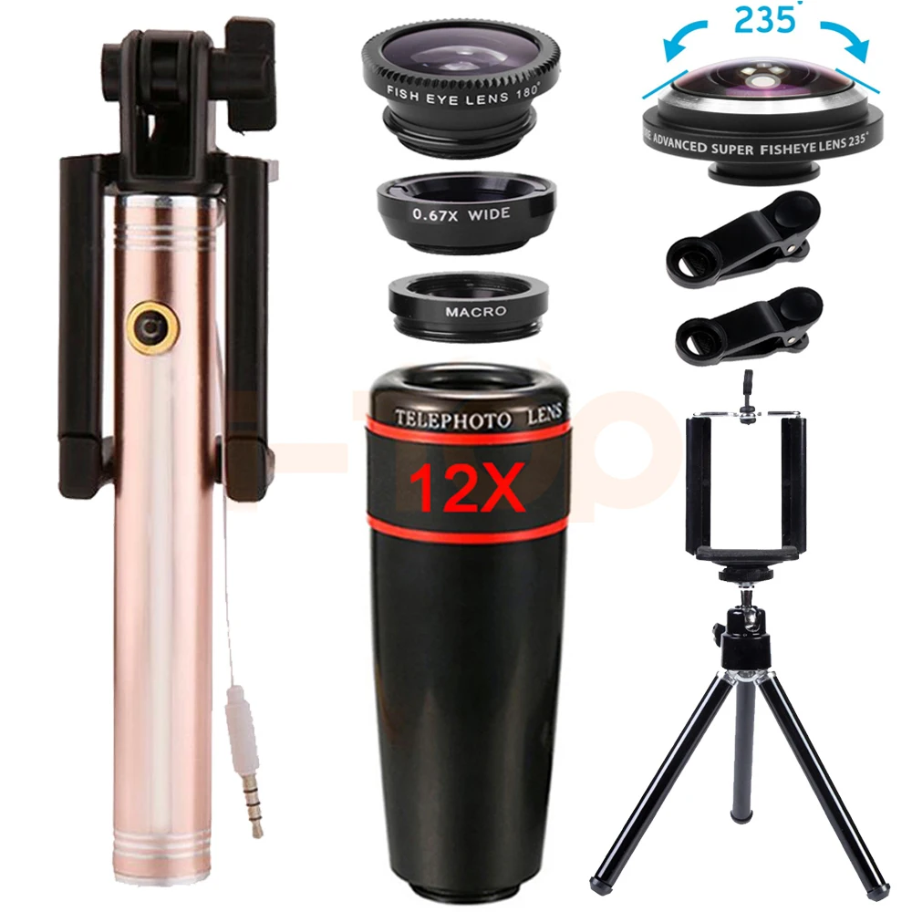 

235 degrees Fisheye Lentes 12X Telephoto Zoom Lenses Wide Angle Macro lens Clip Mobile Tripod Selfie Stick For iPhone Cell Phone