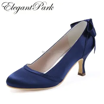 

Woman shoes Mid heel Wedding Bridal Navy Blue Round Toe Bows Satin lady girls bride bridal prom party evening pumps HC1804