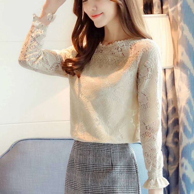 blusas mujer de moda 2019 long sleeves Slim Lace women puff Sleeve Round Collar solid clothing C900 30 |