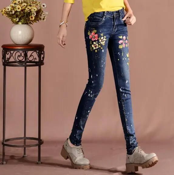 Fashion Korean female jeans casual printing denim trousers Women slim pencil pants S197