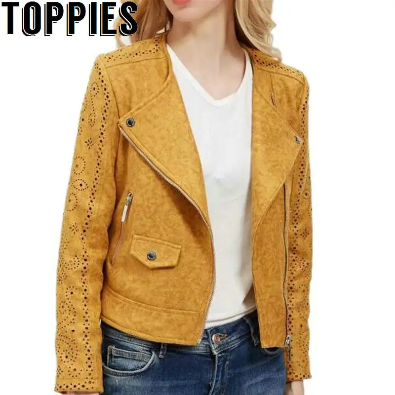 

2017 Women Faux Suede Leather Jacket Hollow Out Sleeves Turn down Collar Zipper Suede Coat Pink yellow Gray Color Suede Jacket