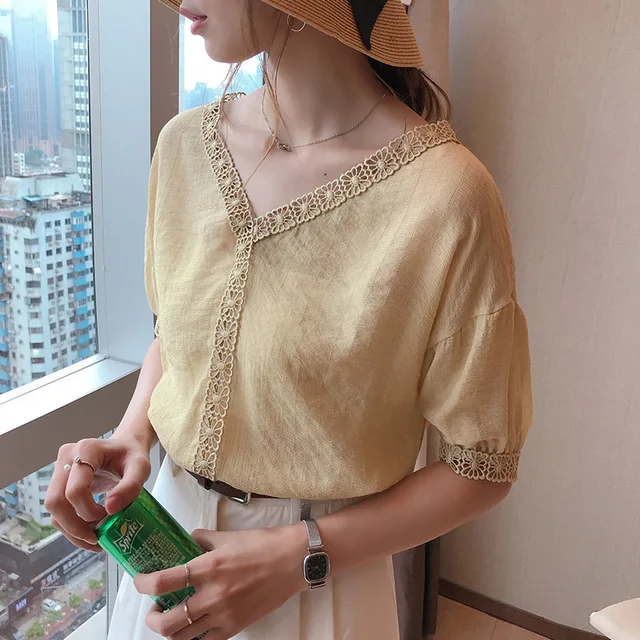 

Korean Style Women Clothing Summer Tops 2019 Plus Size Half Sleeve Casual Blouse Lace Hollow Out Patchwork Elegant Blouses Shirt