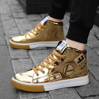 

Men's Running shoes Leather shoes hip hop Gold fashion sneakers microfiber high tops Male Vulcanized shoes silver Street shoes
