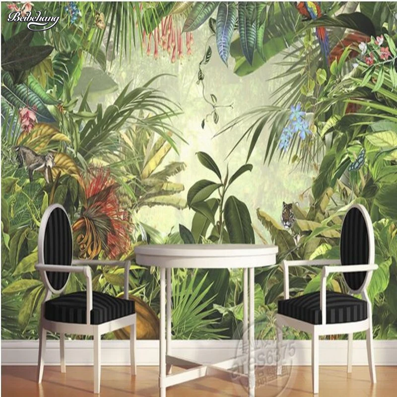 beibehang Custom large-scale murals European-style retro-painted rainforest animal monkey tiger parrot  ultra-green wallpaper