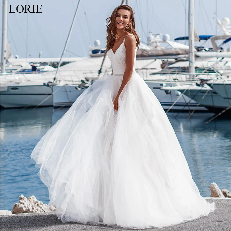 

LORIE Wedding Dresses 2019 New Spaghetti Straps Lace Ball Gown Tulle Wedding Gowns Vestido De Novia Back V with Beading Sashes