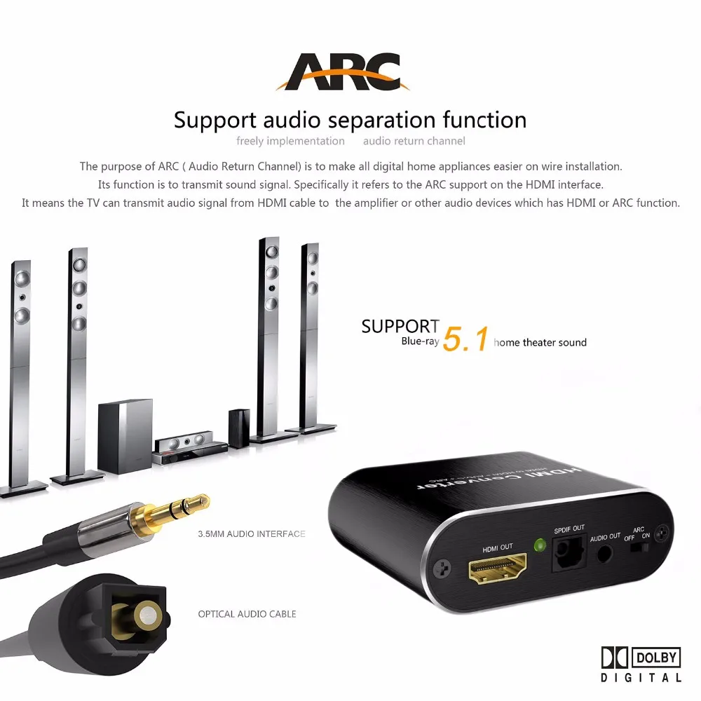 4K HDMI аудио экстрактор ARC 5,1 CH 4K HDMI к HDMI аудио экстрактор поддержка TOSLINK 3,5 мм ARC HDMI аудио экстрактор сплиттер