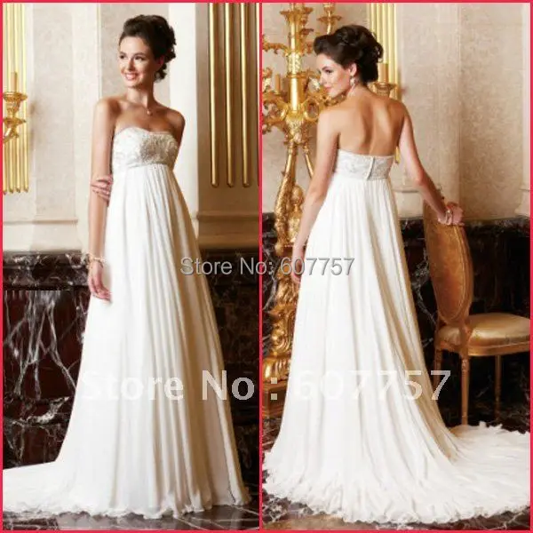 Custom Made 2015 Hot Sale Strapless White Ruffled Lace Beaded Empire