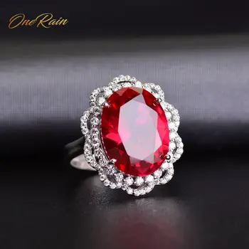

OneRain Luxury 100% 925 Sterling Silver Oval Ruby Sapphire Gemstone Birthstone Wedding Engagement Opening Ring Jewelry Wholesale