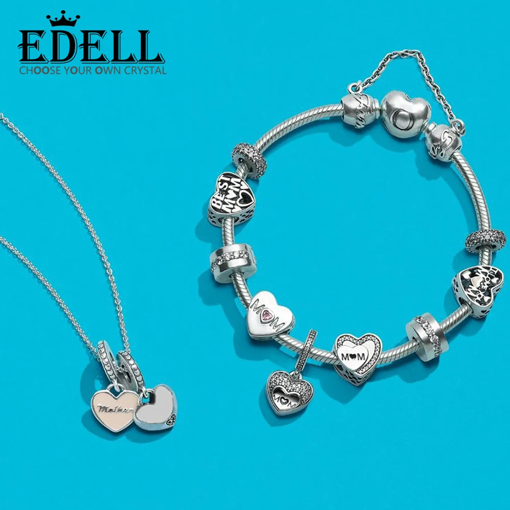 

EDELL 100% 925 Sterling Silver 1:1 Mother's Day Hanging Charm Beaded Bracelet Necklace Gift Set Free Shipping Wholesale