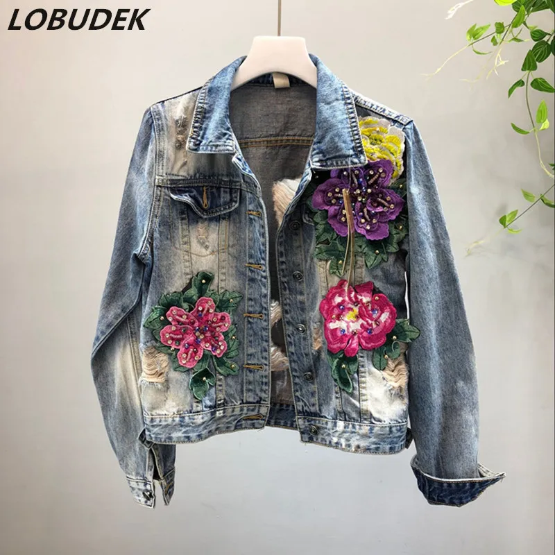 Tide Women Autumn Flowers Denim Jacket Appliques Embroidery Hole Denim ...