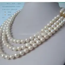 Чудесные счастливые ювелирные изделия потрясающие Потрясающие 3 ряда 8-9 мм Круглый akoya белый жемчуг ожерелье Мода Свадебная вечеринка Широкий