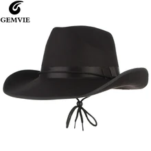 GEMVIE винтажные черные войлочные Западные Ковбойские шляпы для мужчин с широкими полями, солнцезащитный козырек, кепка осень-зима, женская шляпа с ремешком, фетровая шляпа
