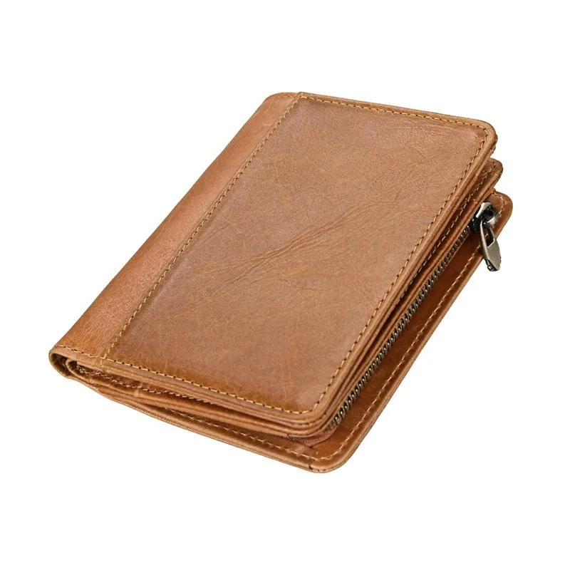 Cowhide Men Wallets Vintage Zipper Purse Slim RFID Genuine Leather Short Wallet