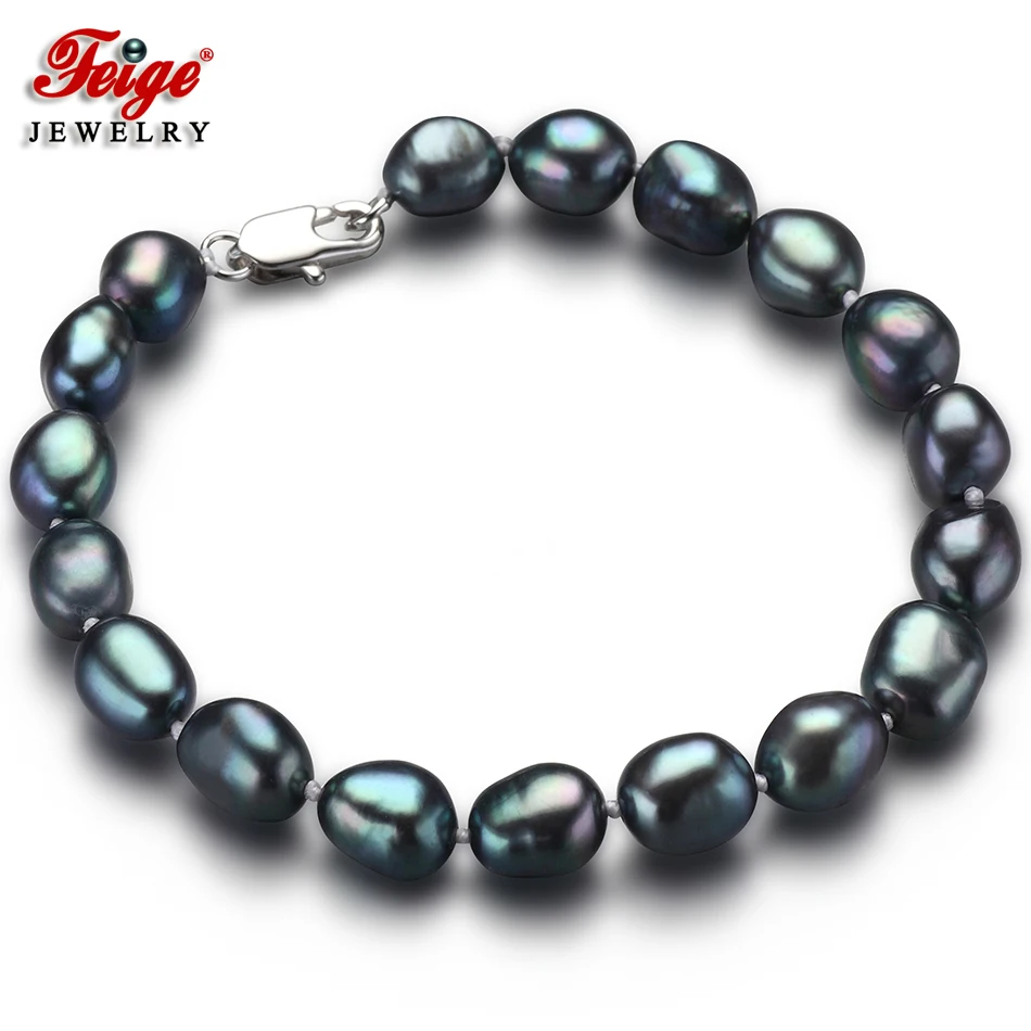 

Feige Special offer Vintage Style Baroque 7-8MM Black Freshwater Cultured Pearl Strand Bracelets For Women's Fine Pearl Jewelry