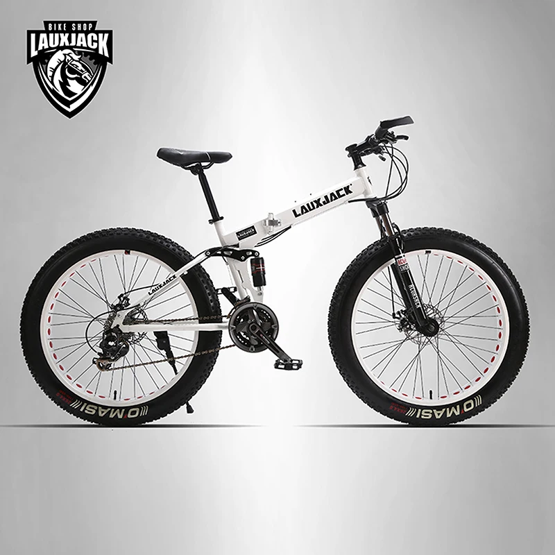 Cheap LAUXJACK Mining two-ply bicycle steel folding frame 24 speed Shimano mechanical disc wheel disc brakes 26 "x4.0 Fat Bike 2