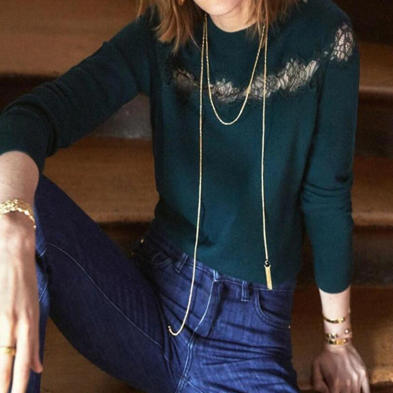 

women fashion round neck lace hollow out pullover wool Sweaters
