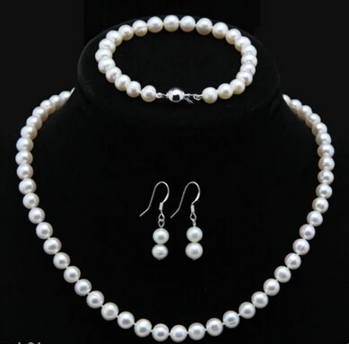 

Jewelry 001317 Natural 8-9MM White Akoya Cultured Pearl Necklace Bracelet Earring Set (A0516) -Bride jewelry free shipping