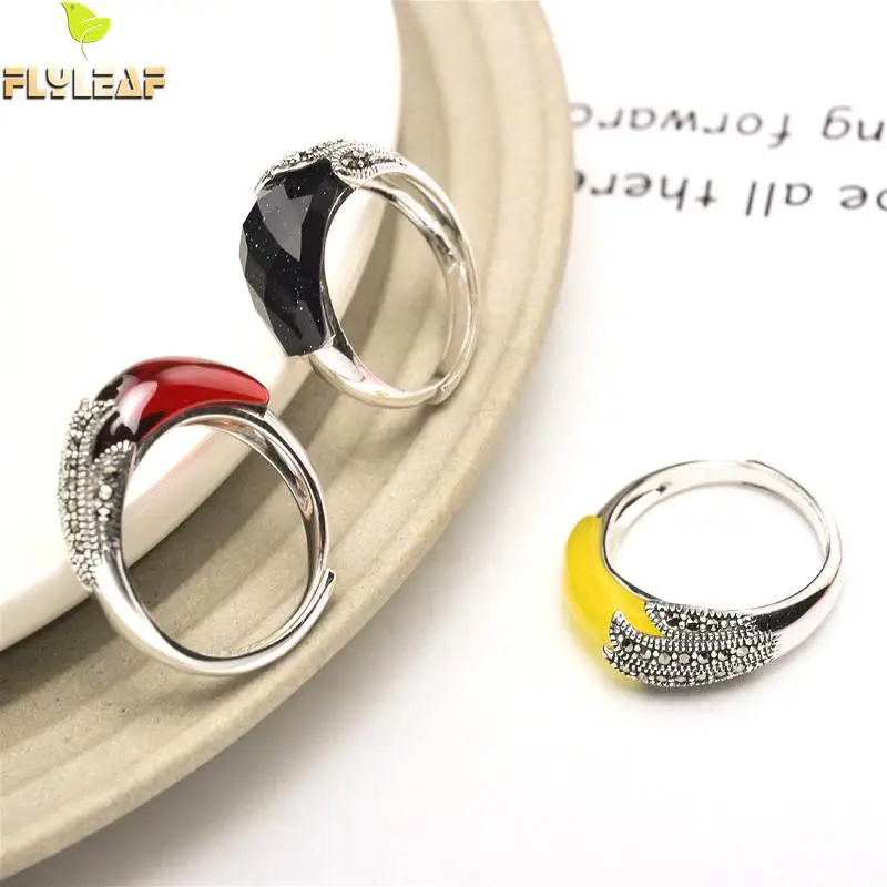 

Flyleaf 925 Sterling Silver Rings For Women Natural Agate Stone Retro Open Ring Femme Elegant Temperament Fine Jewelry Gift