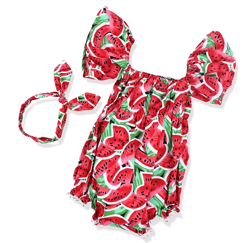 

Oklady Newborn Baby Girls Summer Clothes Pink Swimsuit Watermelons Printed Ruffle Romper with Bowknot Headband