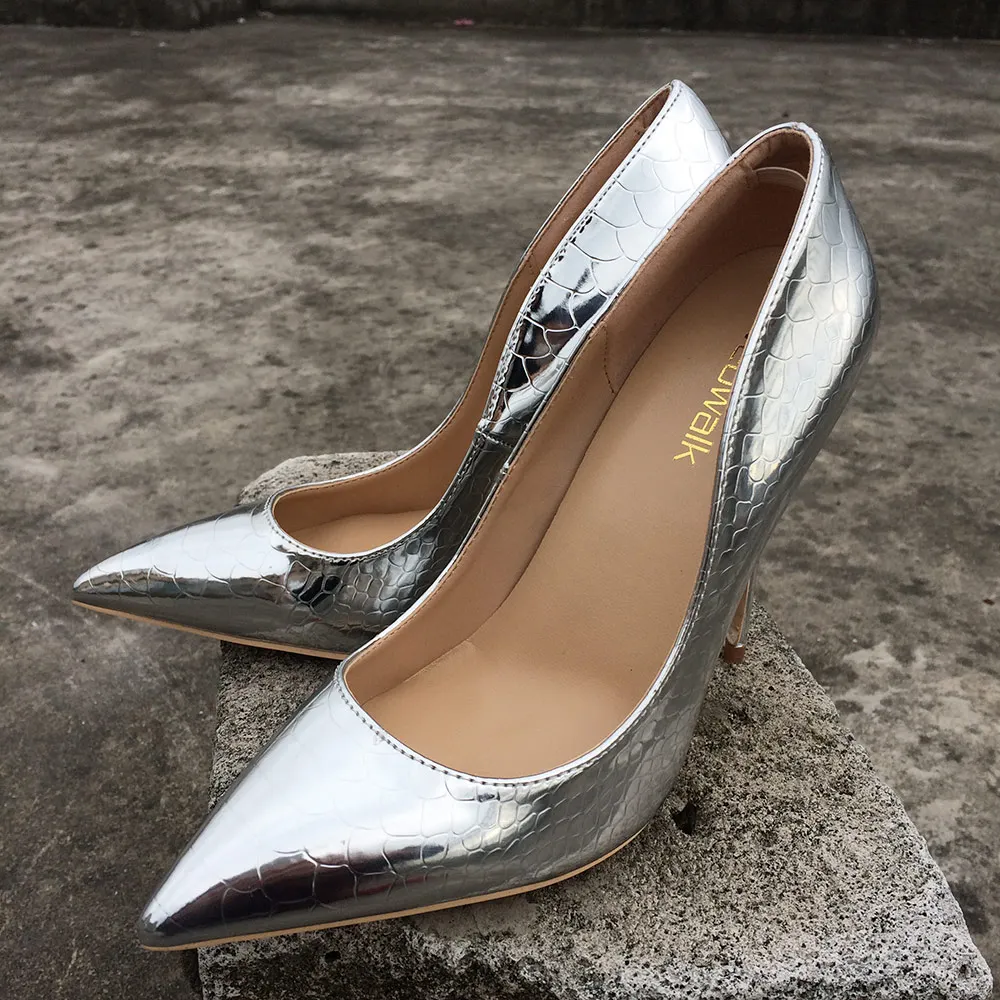 Veowalk Shiny Sexy Patern Extreme High Heels Stiletto Thin Heeled Pointed Toe Party Bridal Pumps wedding Bride shoes Silver Gold