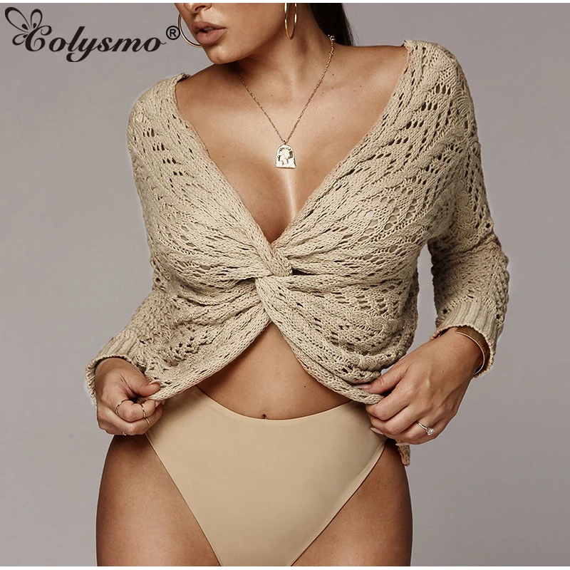

Colysmo Chest Twist Sweater Women 2019 V-neck Long Sleeve Hollow Out Thin Pullover White Knit Crop Top Loose Casual Streetwear