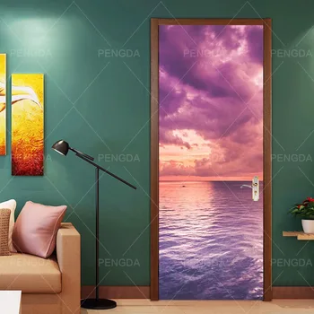 

3D Self Adhesive Wall Art Decal On Door Home Door Decor Purple Flower Landscape New Sticker Renovation Wallpaper Print Picture