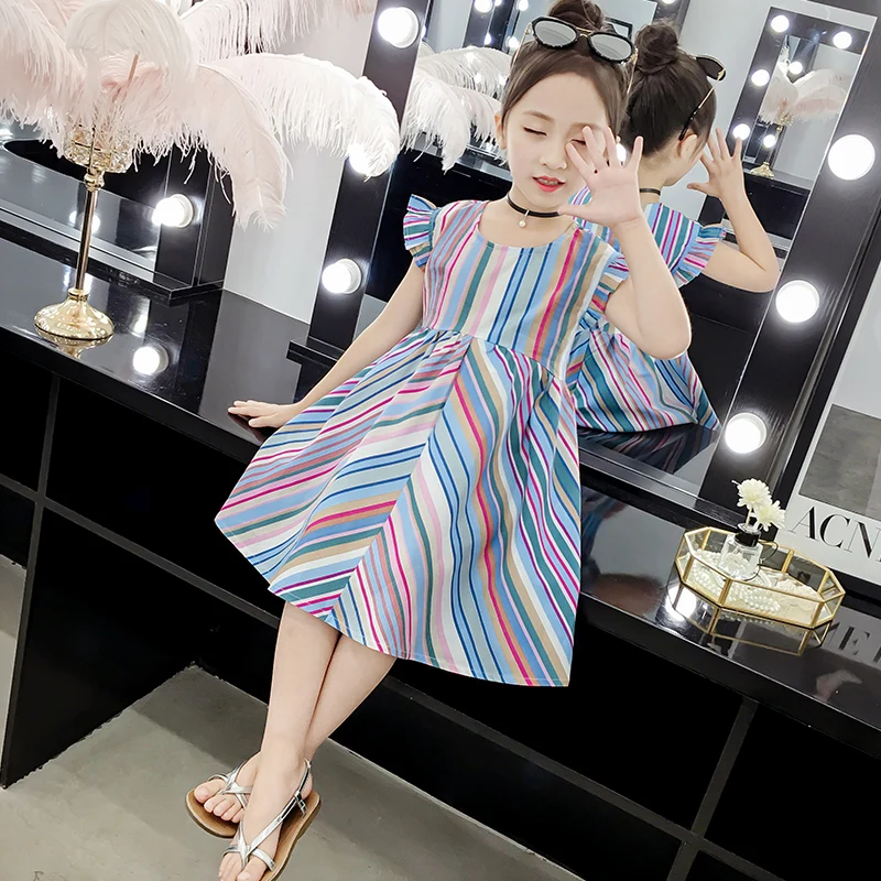

Flare Sleeve Girls Striped Dresses Summer Fashion A-Line Vacation Princess Dresses for Baby Kids Clothes 6 8 10 12 Years Vestido