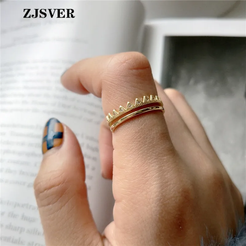 

ZJSVER Korean Jewelry 925 Sterling Silver Rings Golden Fashion Double Layer Zircon Setting Women Ring For Party Or Festival Gift