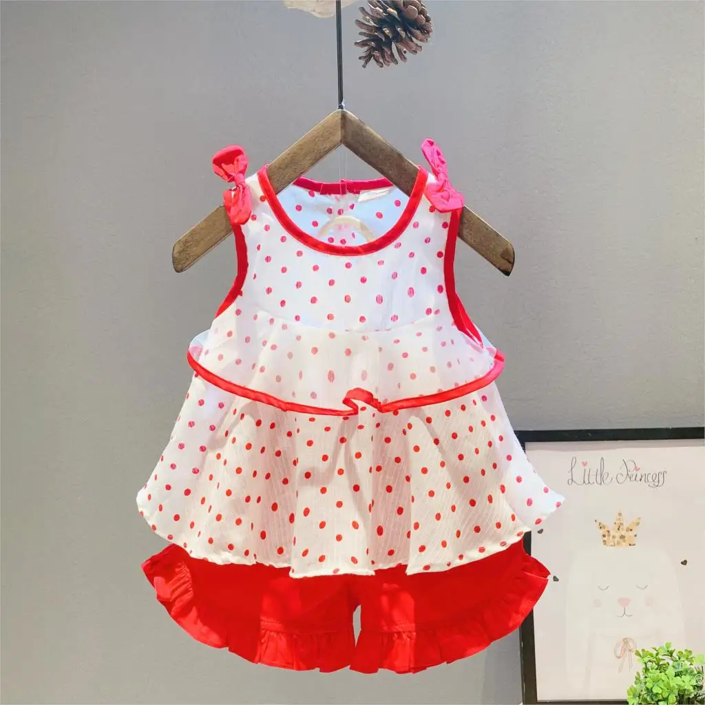 

baby girls fashion clothing sets cotton dot sleeveless shirt+shorts 2pcs high quality outfits kids summer clothes for girls
