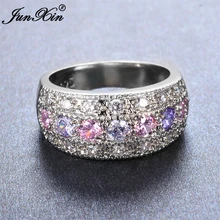 JUNXIN Brand Female Pink & Purple Round Ring 925 Sterling Silver Filled Vintage Wedding Engagement Rings For Women