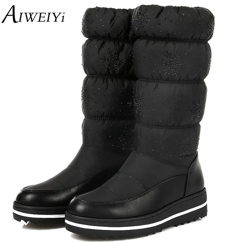 

AIWEIYi 2018 Women Winter Warm Snow Boots Wedge Med Heel Round Toe Mid Calf Boots Elastic Ladies Snow Boots Size 34-43