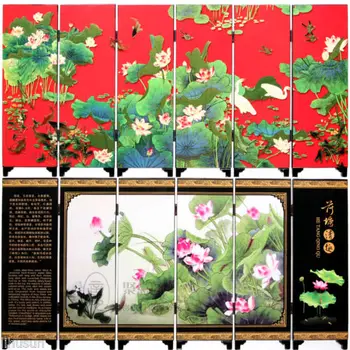 

hinese Vintage Red Background Lotus Wooden Lacquer Six Pieces Folding Screen
